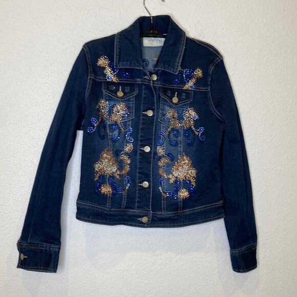 La Bellum Hillary Scott Women’s Jean Jacket Embellished Embroidered EUC Sz S - Picture 1 of 12